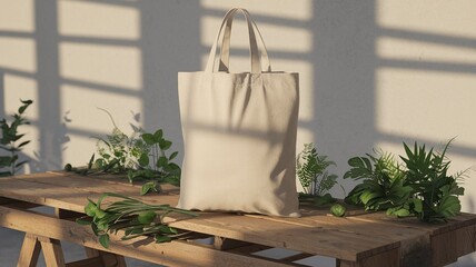Eco Friendly Tote Bag Mock-Up on Wooden Table with Greenery and Natural Sunlight Minimal Sustainable Style