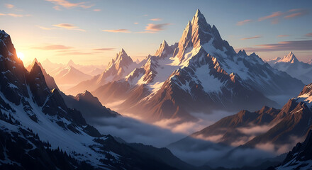 Fantasy Mountain Landscape With Golden Sunrise And Mist