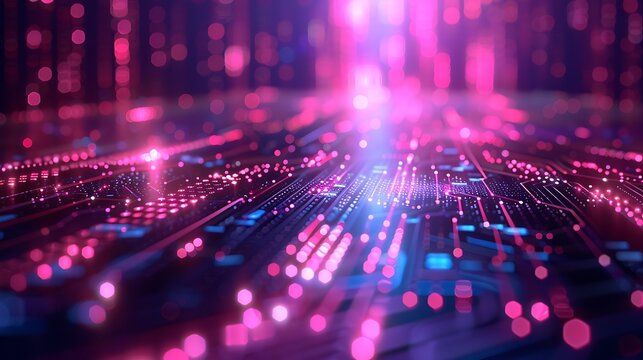 Abstract image showing glowing pink and blue lights on a circuit board surface - Powered by Adobe