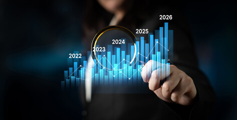Business bar chart and line graph showing yearly business growth from 2022 to new year 2026, represent data analytics, future 2026 planning, business 2026 trend, and performance analysis 2026 Latch