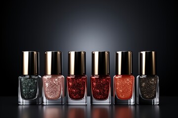 Five Nail Polish Bottles with Glitter and Shine on Dark Background 