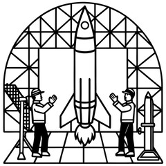 Rocket launch preparation in a hangar with technicians