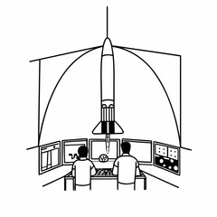 Rocket launch control room with technicians monitoring screens