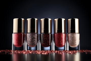 Five Nail Polish Bottles with Glitter and Shine on Dark Background 