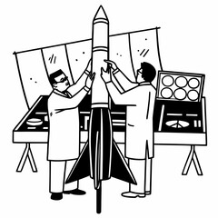 Scientists examine a rocket in a laboratory setting