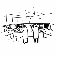 Scientists working in a control room with monitors and consoles