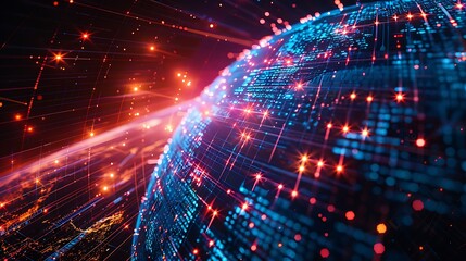 Glowing globe with red and blue lights and streaks in a digital presentation view