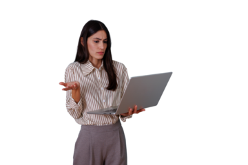 Frustrated businesswoman encountering a technology problem, feeling confused by the laptop issue with a transparent background