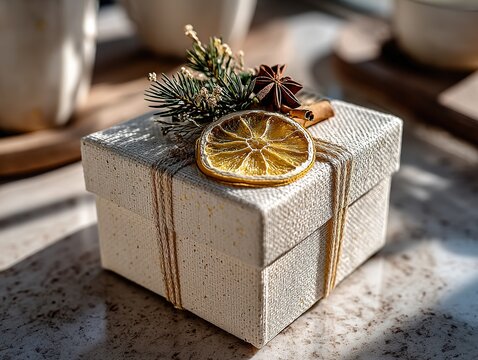 Elegant minimalist Christmas gift box with dried lemon slice, pine needles and star anise, tied with natural twine on a textured white background for holiday promotions.