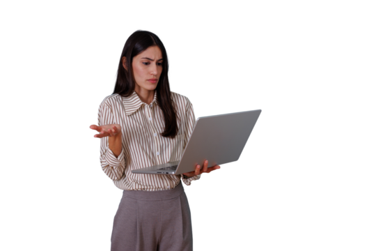 Frustrated businesswoman encountering a technology problem, feeling confused by the laptop issue with a transparent background