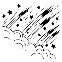 Stylized meteor shower streaking through clouds and stars
