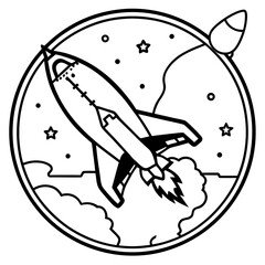 Stylized rocket launching into space with stars and clouds
