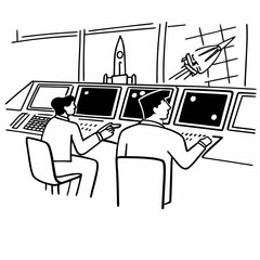 Two people in a control room monitoring a rocket launch