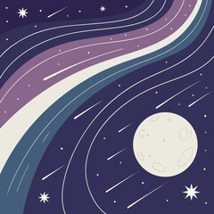 Whimsical celestial scene with moon and shooting stars