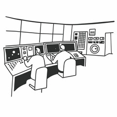Two people working in a futuristic control room with multiple screens