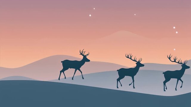 A herd of majestic deer gracefully traverse a serene, starlit mountain landscape at dusk, their silhouettes creating a captivating scene against the vibrant sky.