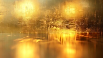 Naklejka premium Golden abstract landscape with reflections and diffused light source above horizon