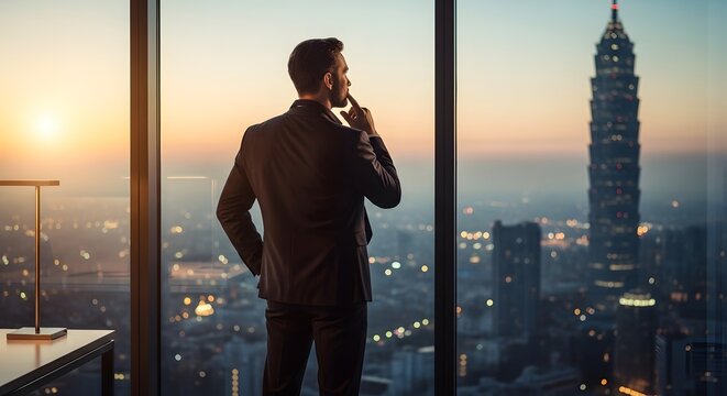 Man in suit contemplating by window overlooking city skyline at sunset with desk and lamp visible
