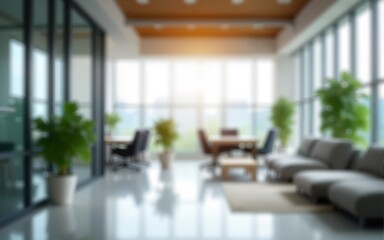Abstract office interior background. Blurry office space. Modern workspace design. Glass walls, blurred furniture, plants. Natural light, commercial building, business concept, indoor. High quality