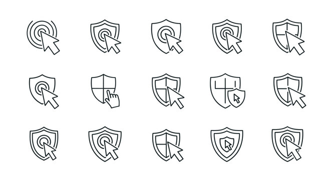 Collection of outline icons representing cursor clicking on shields, symbolizing security, protection, and digital safety for graphic design, web development, apps, and advertising. This vector