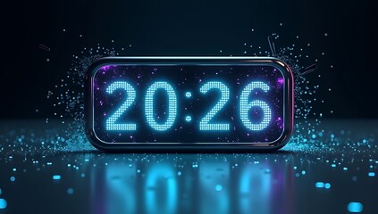 Futuristic digital clock with glowing neon numbers showing the year 2026 on a tech background