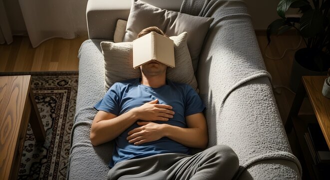 Overhead view of a man napping on a sofa with a book resting on his face