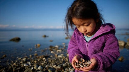 A young girl in a purple fleece jacket holds a handful of seashells on a rocky beach by the calm blue sea. Concept Young girl on rocky beach, Seashells collection, Purple fleece jacket