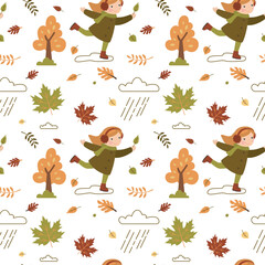 Autumn, cute girl wearing warm clothes in autumn park, seamless pattern. Fall, autumn landscape with falling leaves, texture background.