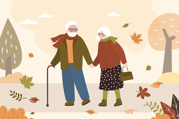 Fall, autumn in park. Elderly people outdoor activity. Aged love couple walking at nature, falling leaves. Old man and woman in warm clothes. Forest,