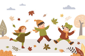 Fall, autumn park kids. Children outdoor activity. Boy and girls play with falling leaves. Little people in warm clothes. Forest, october and november defoliation