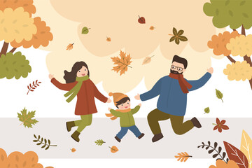Fall, autumn park parents and kid. Family outdoor activity. Mother, father and boy play and jump with falling leaves. People in warm clothes.