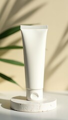 Cosmetic Tube Standing on Stone Tray with Green Minimal Eco Spa MockUp Scene