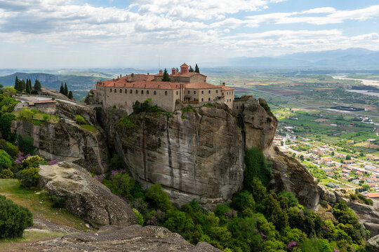 Greece, Thessaly, Kalabaka, Meteora - 7 April 2024 - Spectacular view of the Agios Stefanos Monastery on the imposing Greek massifs
