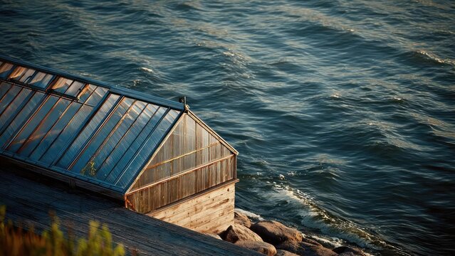 A weathered wooden shed with a glass roof perched on rocks at the edge of a blue sea. Concept Weathered wooden shed, Glass-roofed structure, Rocky coastline, Blue sea ambiance
