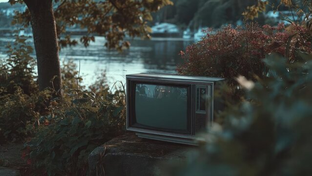 an old vintage CRT television sits outdoors on a stone ledge among ivy and shrubs by a lake. Concept Vintage CRT TV, Outdoor decay, Lakeside ivy, Rustic retro aesthetic, Weathered technology