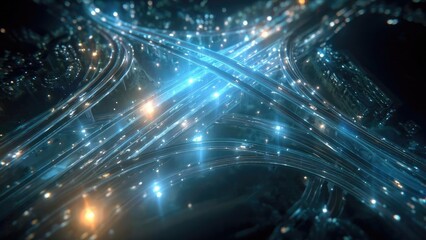 Naklejka premium Abstract futuristic scene of glowing blue light trails and fiber-optic cables weaving across a dark background Concept Abstract Futuristic Light Trails, Glowing Blue Fiber-Optic Cables