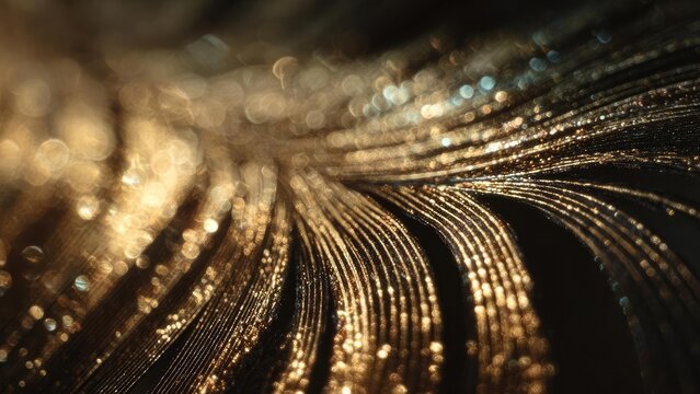 Close-up of a golden feather, its fine barbs catching light in a sparkling, curved pattern. Concept Golden feather close-up, Light-catching barbs, Sparkling curved pattern, Metallic texture macro