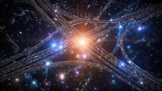 Aerial night view of a neon-lit freeway interchange with crisscrossing overpasses forming luminous ribbons. Concept Aerial night photography of neon-lit freeway interchanges