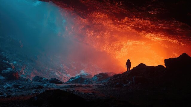 Astronaut on a rocky ledge inside a volcanic cavern, orange lava glow on one side and blue shadows on the other. Concept Astronaut on rocky volcanic ledge, Orange lava glow with blue shadows - Powered by Adobe