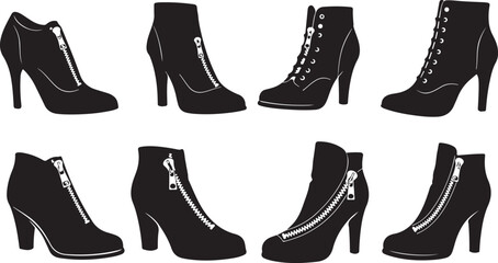 Diverse collection of women's ankle boots featuring high heels, zippers, and laces, ideal for modern fashion concepts and elegant footwear design