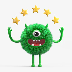 Fluffy, cute monster with five stars, representing top-quality service. 3D rendering, conceptual image. Isolated on white background.