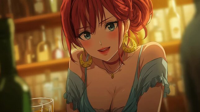 Animation of Anime Big Chest Woman Drinking Alcohol and Getting Tipsy at Night Bar Holding Glass of Wine