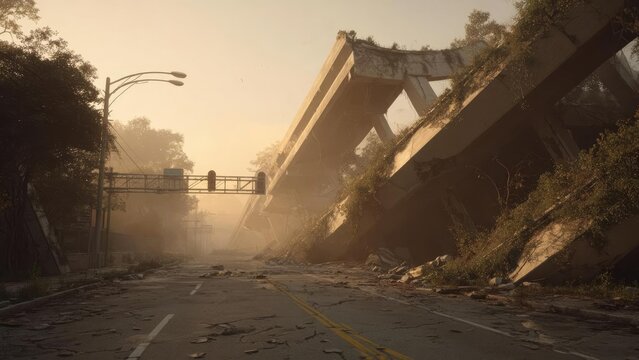 Ruined city street with a collapsed elevated highway, rubble everywhere and vegetation growing over the wrecked concrete. Concept Ruined city street, Collapsed elevated highway - Powered by Adobe