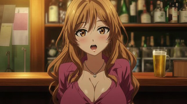 Animation of Anime Big Chest Woman Drinking Alcohol and Getting Tipsy at Night Bar Holding Glass of Wine