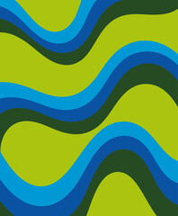 This vibrant abstract image showcases a series of flowing wavy patterns in shades of blue and green, creating a dynamic sense of movement and energy on a bright backdrop.