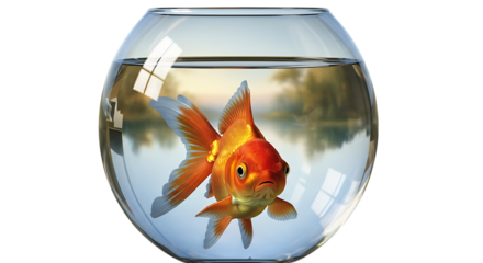 Goldfish swimming in a fishbowl isolated on transparent background, clear water