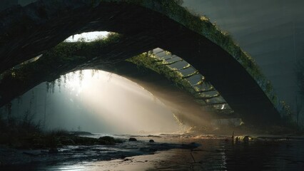 A moss-covered ancient arch bridge over a dark, reflective river, with sunlight streaming through the arches. Concept Moss-covered arch bridge, Ancient stone architecture, Dark reflective river