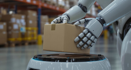 Robotic hand lifting a cardboard box symbolizing automation and modern warehouse logistics