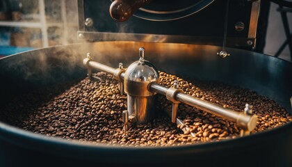 Coffee Roasting Process with Freshly Roasted Beans in Roaster