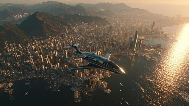 A sleek futuristic jet flies over a dense coastal city at sunset. Concept Futuristic jet, Dense coastal city skyline, Sunset lighting, Aviation speed and motion, Modern cityscape contrast